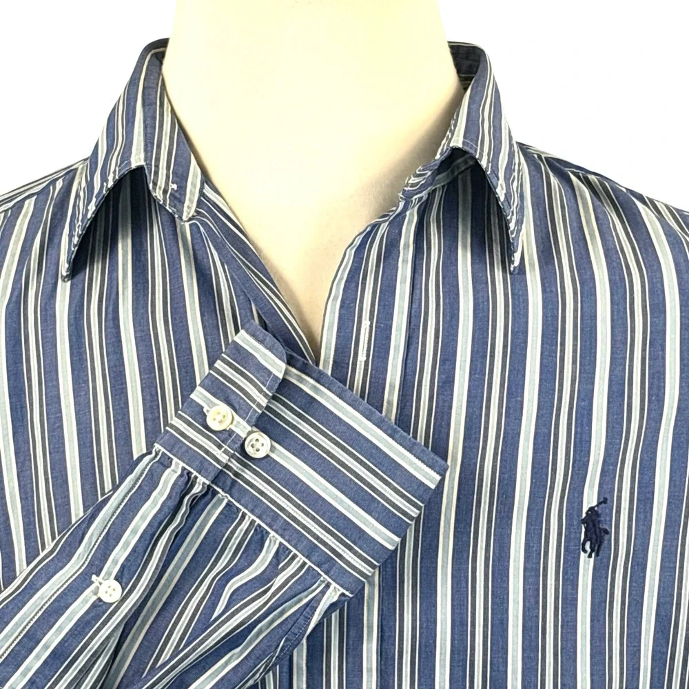 Polo Ralph Lauren Mens Andrew Shirt 16.5 34/35 Blue White‎ Striped Cotton L/S